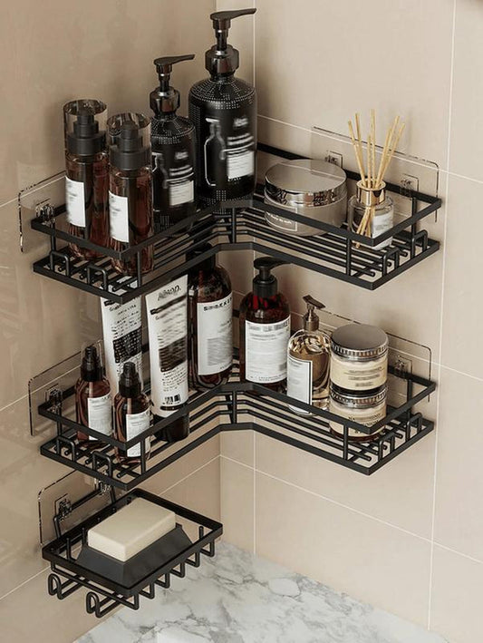 Two-Piece / Three-Piece Stainless Steel Bathroom Storage Rack Set, Wall-Mounted or Stick-On Shower Storage Rack, with a Carrying Capacity of Less than 10 Kilograms, Suitable for Corner Storage in Bathrooms, Kitchens and Living Rooms. Accessories Organizer