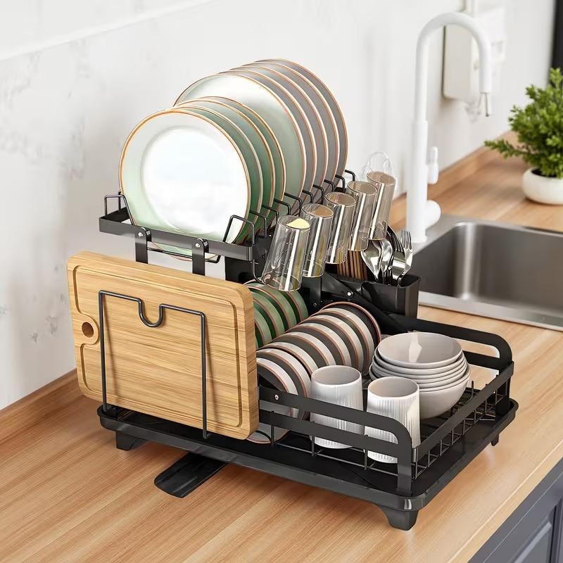 Deristic 2-Tier Stainless Steel Dish Drying Rack with Built-In Drainboard & Utensil Holders for Kitchen Counter Sink Organization Storage Large Capacity