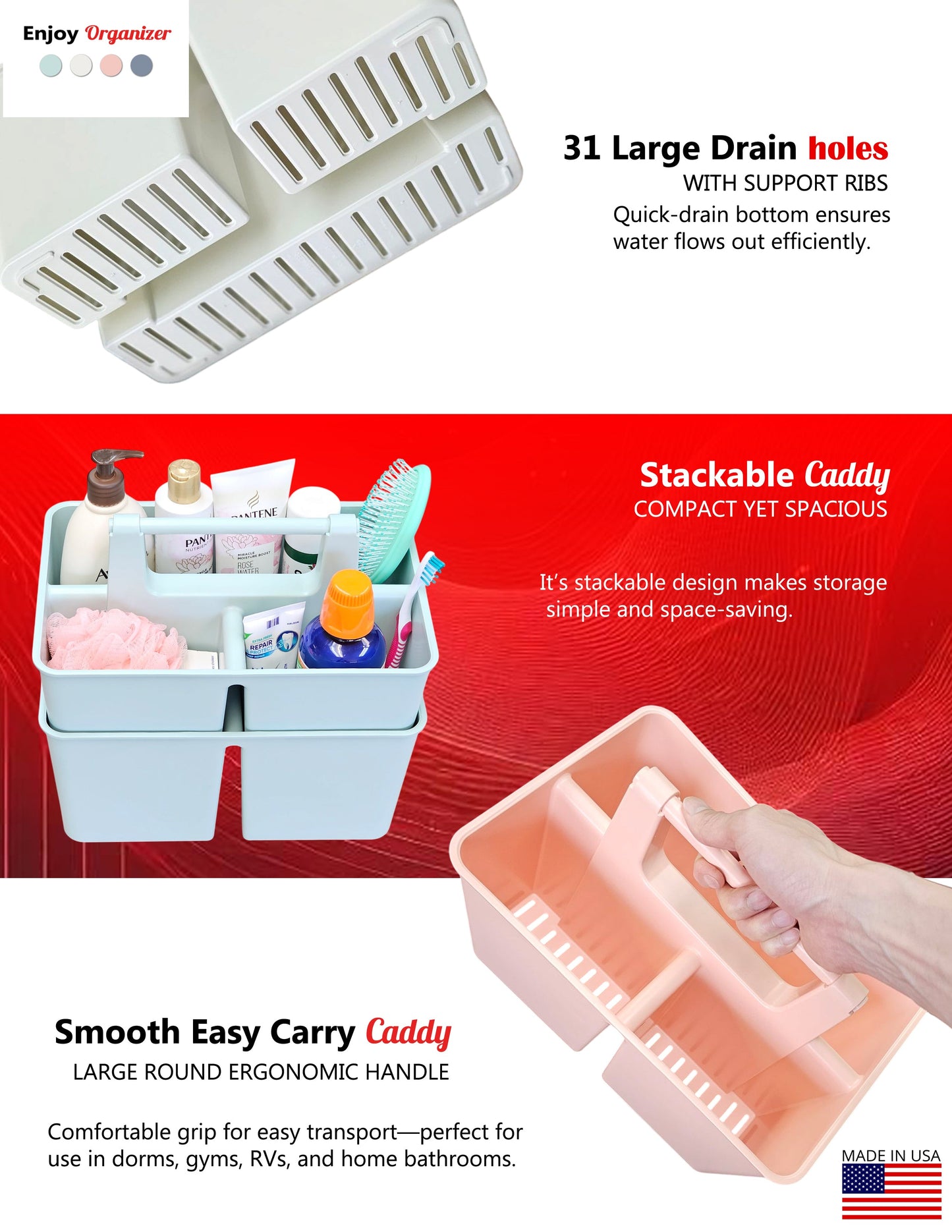 Enjoy Organizer-Shower Caddy Organizer with Handle, 3 Compartments, Portable Storage Bin for Bathroom, Dorm, Gym -Made In USA
