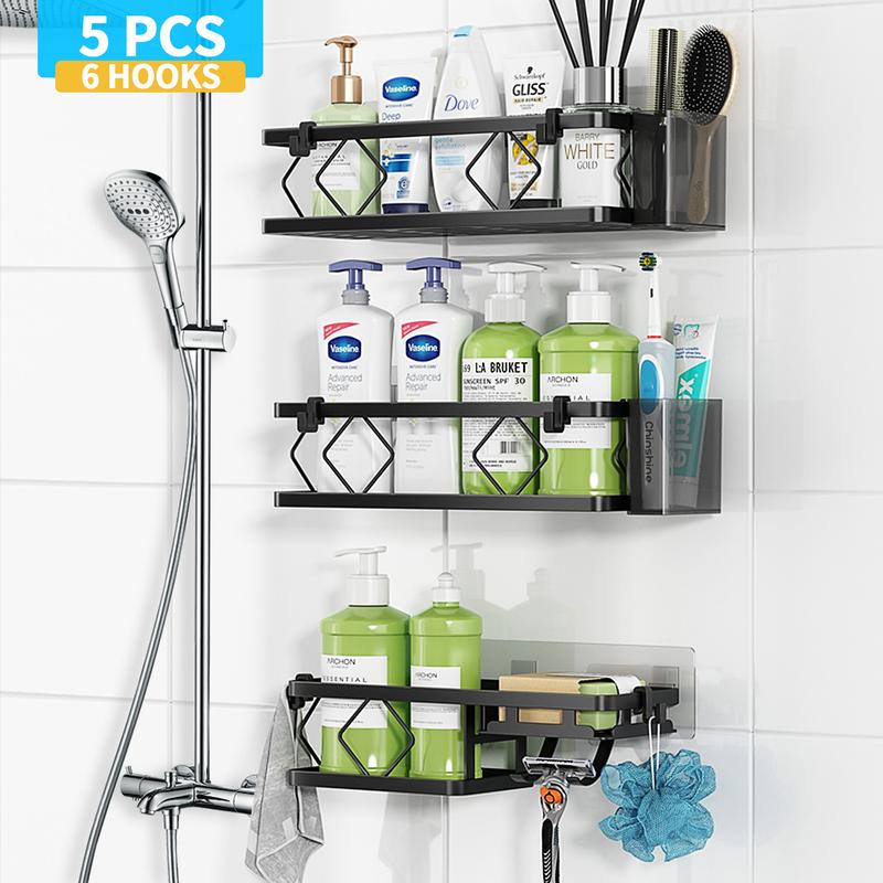 PHANCIR 5 PCS Corner Shower Caddy, No Drilling Stainless Steel Shower Storage Rack with Hooks & Toothpaste Holder for Bathroom, Black