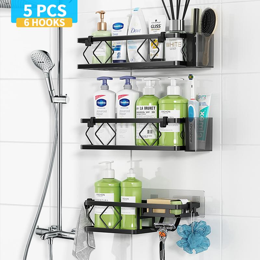 PHANCIR 5 PCS Corner Shower Caddy, No Drilling Stainless Steel Shower Storage Rack with Hooks & Toothpaste Holder for Bathroom, Black