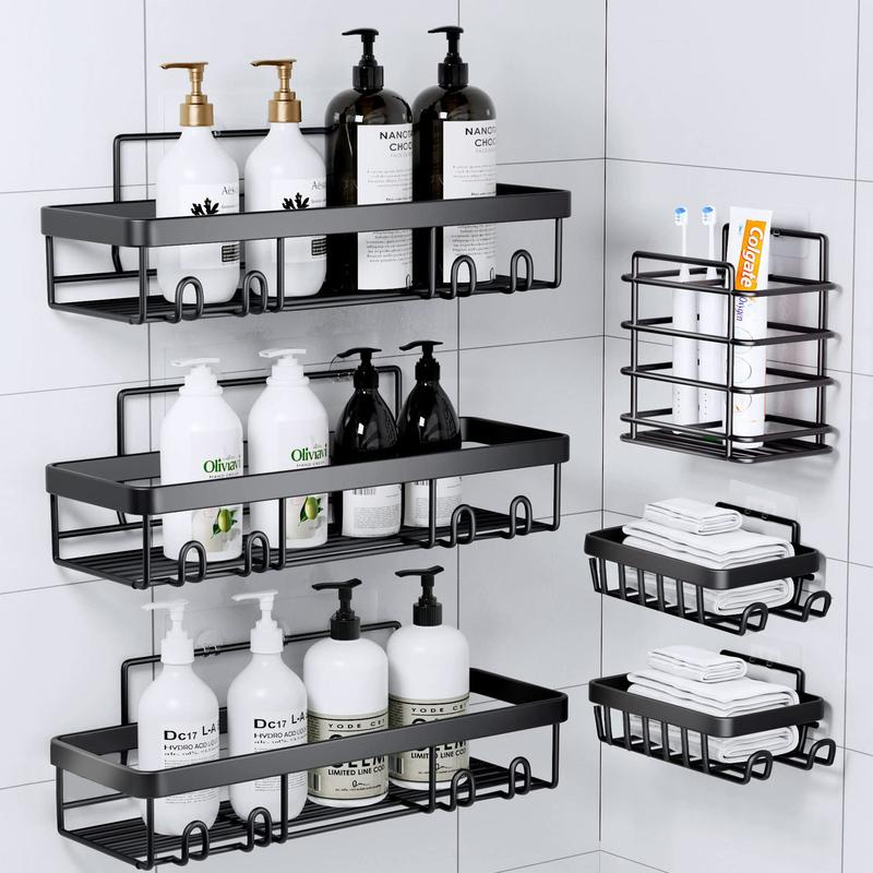 PHANCIR 5 PCS Corner Shower Caddy, No Drilling Stainless Steel Shower Storage Rack with Hooks & Toothpaste Holder for Bathroom, Black