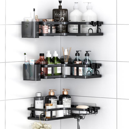 PHANCIR 5 PCS Corner Shower Caddy, No Drilling Stainless Steel Shower Storage Rack with Hooks & Toothpaste Holder for Bathroom, Black