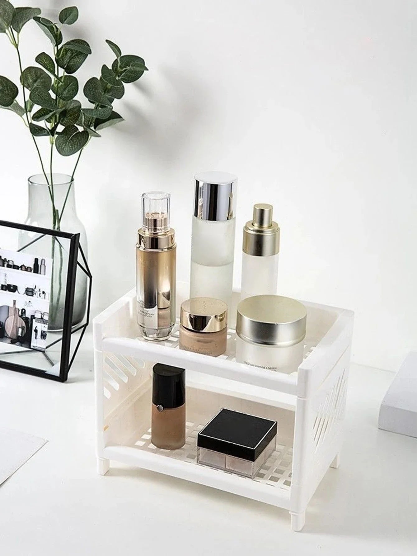 PP Desktop Double Layer Storage Rack – White Organizer for Desk