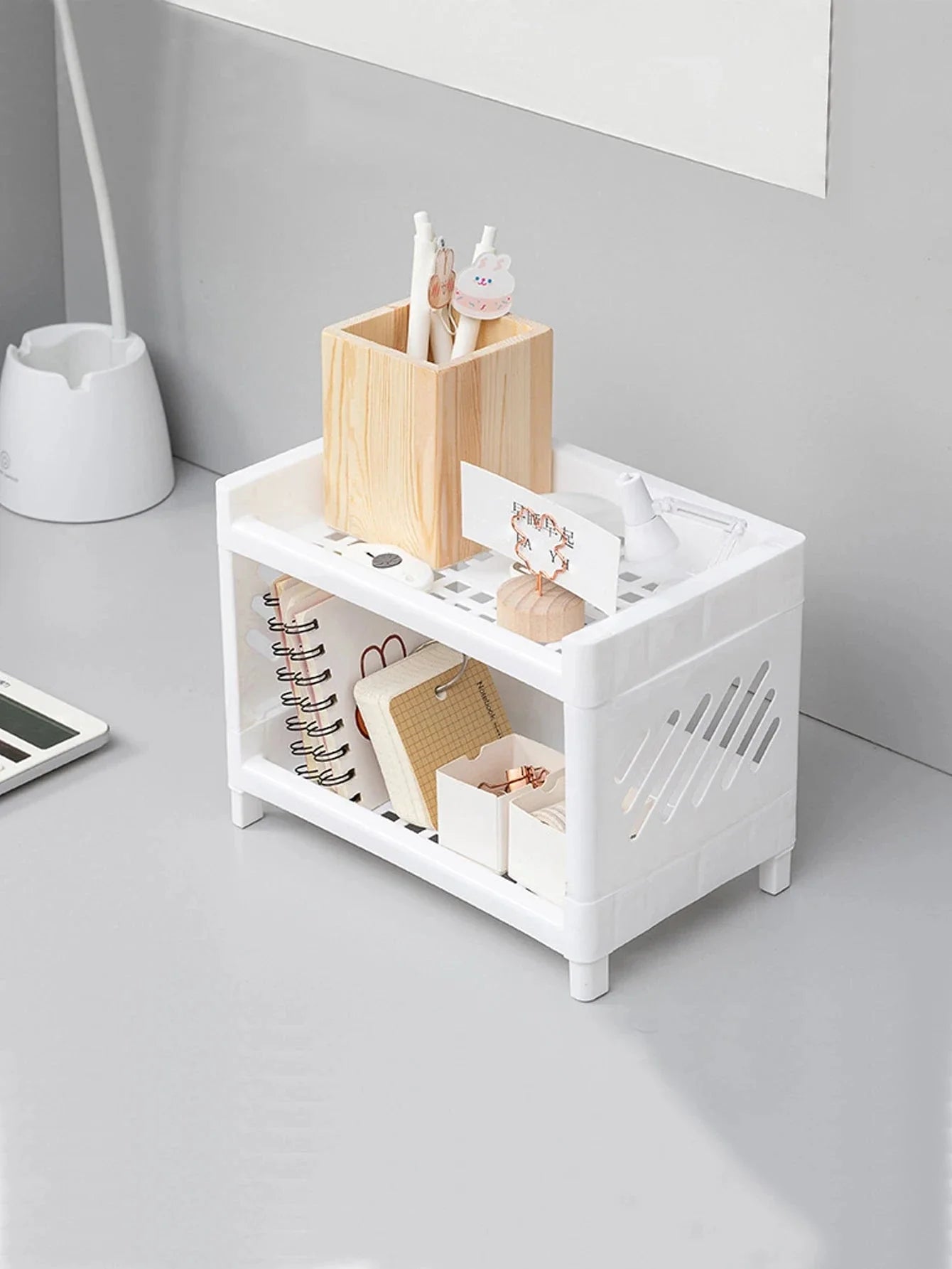PP Desktop Double Layer Storage Rack – White Organizer for Desk
