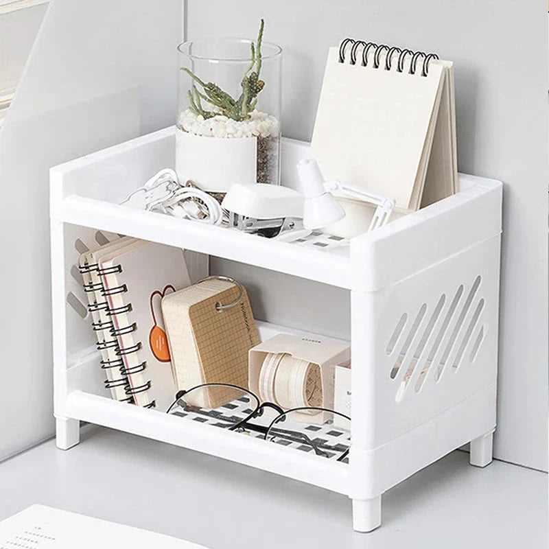 PP Desktop Double Layer Storage Rack – White Organizer for Desk