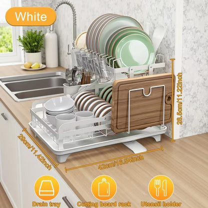 Deristic 2-Tier Stainless Steel Dish Drying Rack with Built-In Drainboard & Utensil Holders for Kitchen Counter Sink Organization Storage Large Capacity