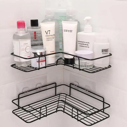 Premium Quality Bathroom Kitchen Punch Corner Frame Shower Shelf Wrought Iron Shampoo Storage Rack Holder with Suction Cup Bathroom Accessories