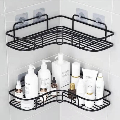 Premium Quality Bathroom Kitchen Punch Corner Frame Shower Shelf Wrought Iron Shampoo Storage Rack Holder with Suction Cup Bathroom Accessories