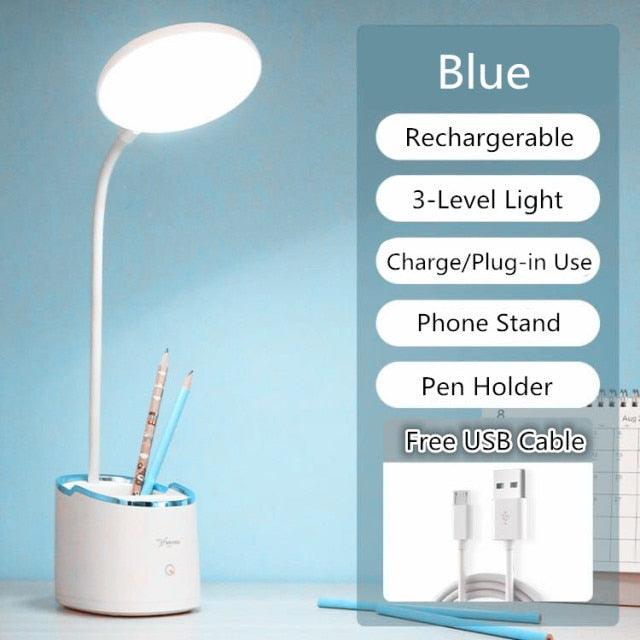 Rechargeable LED Desk Lamp with Pen Holder & Phone Stand – Adjustable Study Lamp for Students