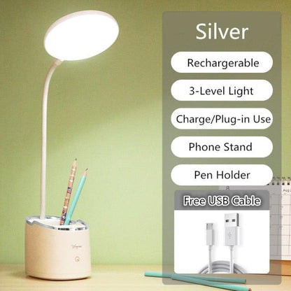 Rechargeable LED Desk Lamp with Pen Holder & Phone Stand – Adjustable Study Lamp for Students