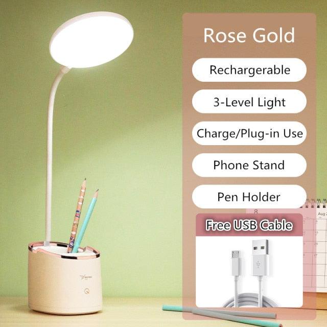 Rechargeable LED Desk Lamp with Pen Holder & Phone Stand – Adjustable Study Lamp for Students