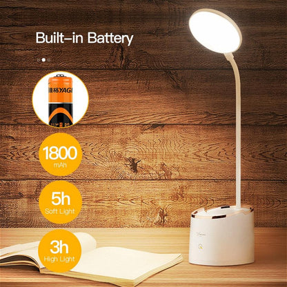 Rechargeable LED Desk Lamp with Pen Holder & Phone Stand – Adjustable Study Lamp for Students