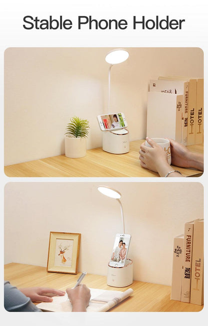 Rechargeable LED Desk Lamp with Pen Holder & Phone Stand – Adjustable Study Lamp for Students